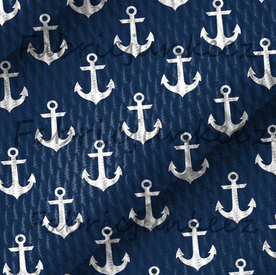 Anchors Nautical Kids Blue White Print Bullet DBP Liverpool Stretch Knit Fabric By The Yard