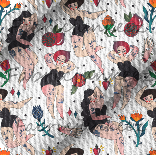 Pin Up Girl Flowers Bullet DBP Liverpool Stretch Knit Fabric By The Yard